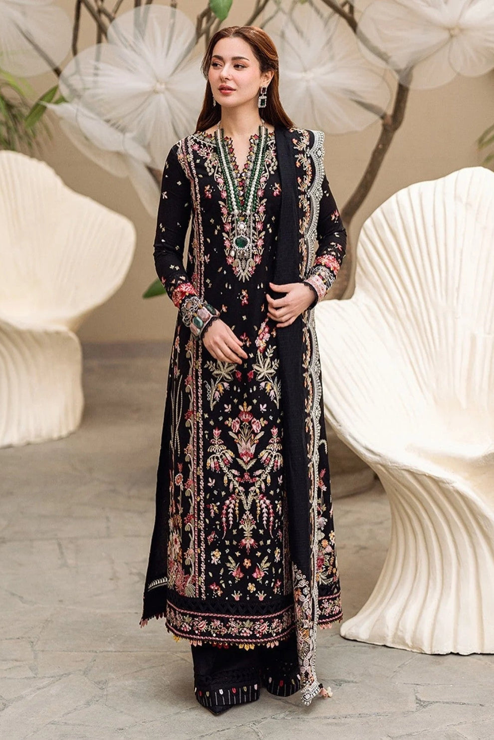 QALAMKAR UNSTITCHED lawn 90/70 EMBROIDERED 3PC WITH EMBROIDERED SHAWL