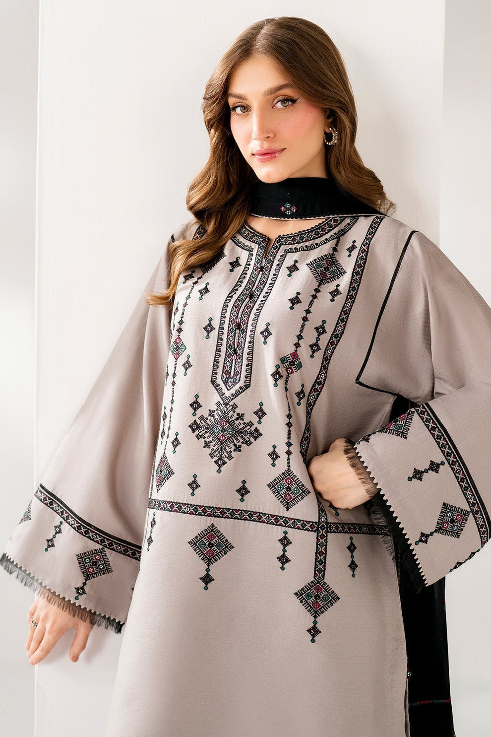 JAZMIN-3PC DHANAK EMBROIDERED SHIRT WITH DHANAK EMB SHAWL AND TROUSER