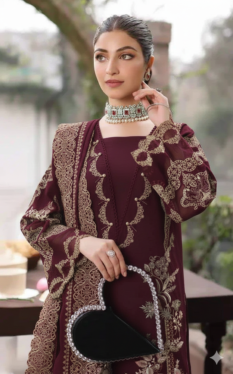 KAHF 3PC UNSTITCHED lawn 90/70  EMBROIDERED WITH EMBROIDERED SHAWL & PLAIN lawn 90/70  TROUSER