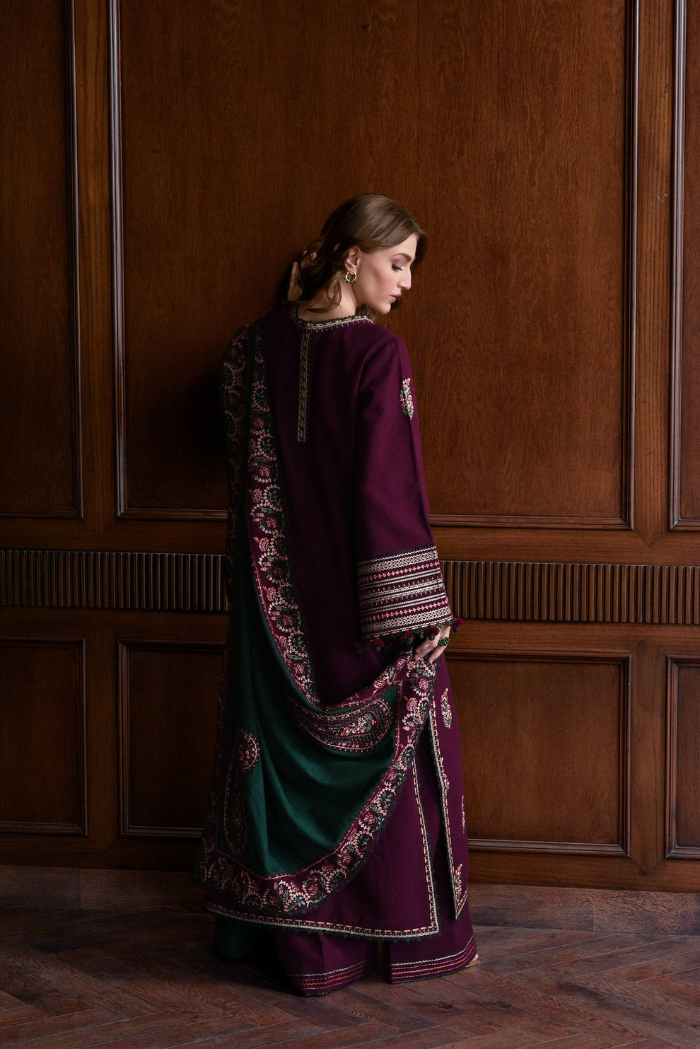 ZAIB DEEP PLUM LUXURY EMBROIDERED DHANAK 3PC WITH EMBROIDERED SHAWL AND TROUSER-WM-4331