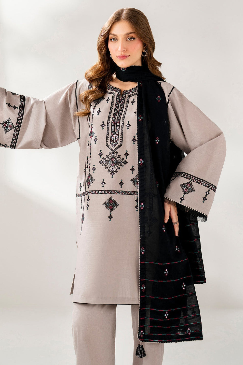 JAZMIN-3PC DHANAK EMBROIDERED SHIRT WITH DHANAK EMB SHAWL AND TROUSER