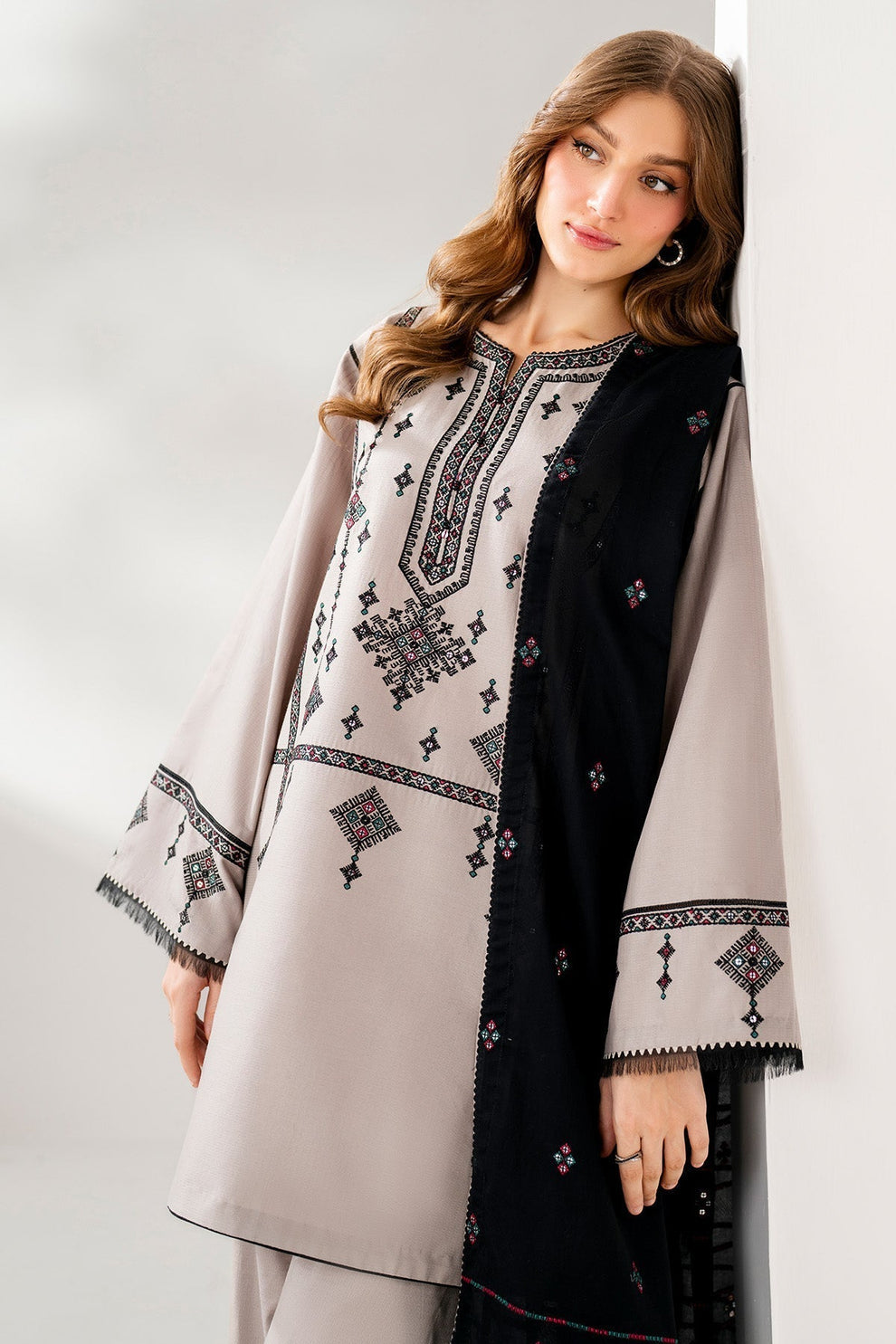 JAZMIN-3PC DHANAK EMBROIDERED SHIRT WITH DHANAK EMB SHAWL AND TROUSER