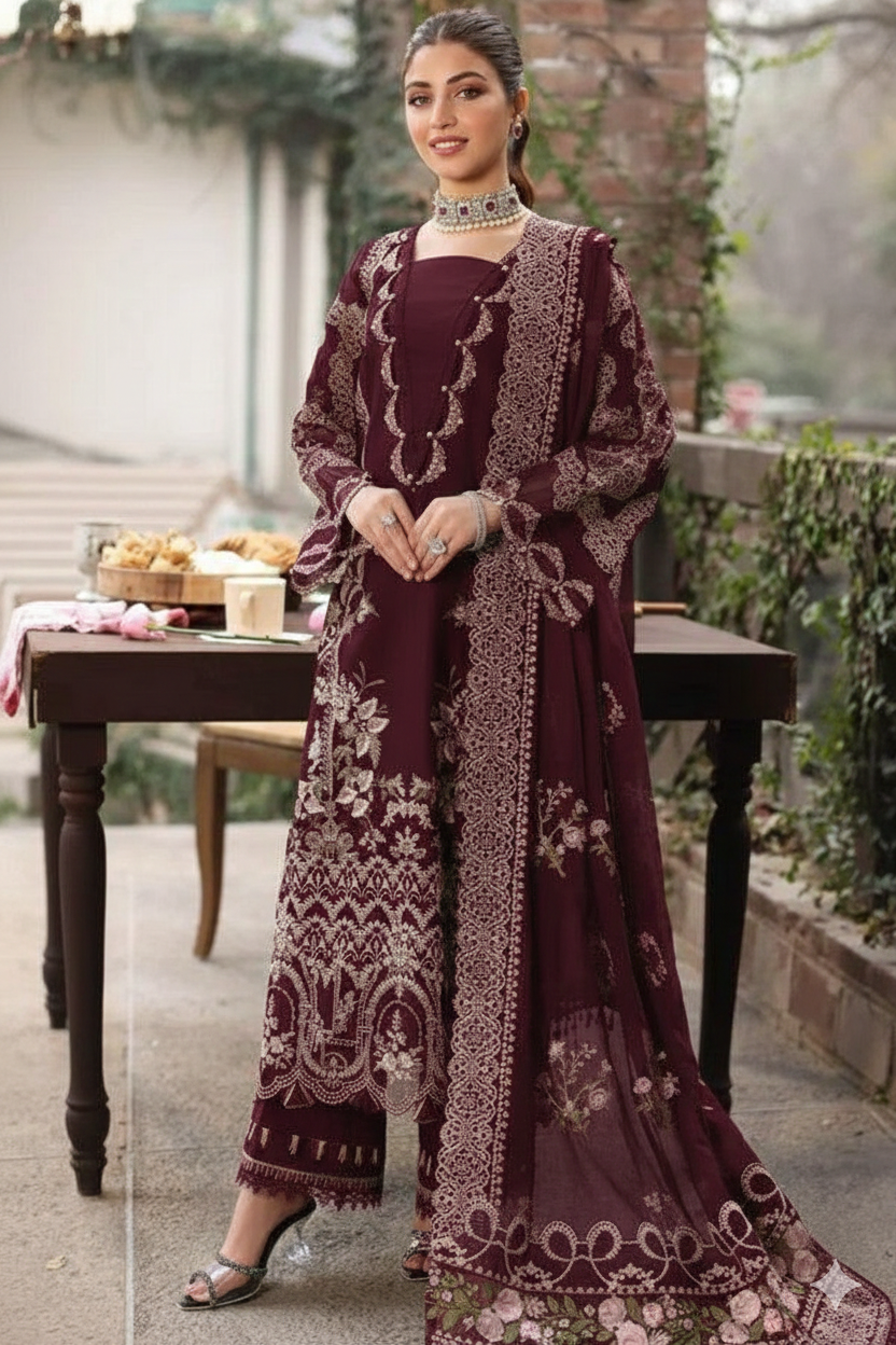 KAHF 3PC UNSTITCHED lawn 90/70  EMBROIDERED WITH EMBROIDERED SHAWL & PLAIN lawn 90/70  TROUSER