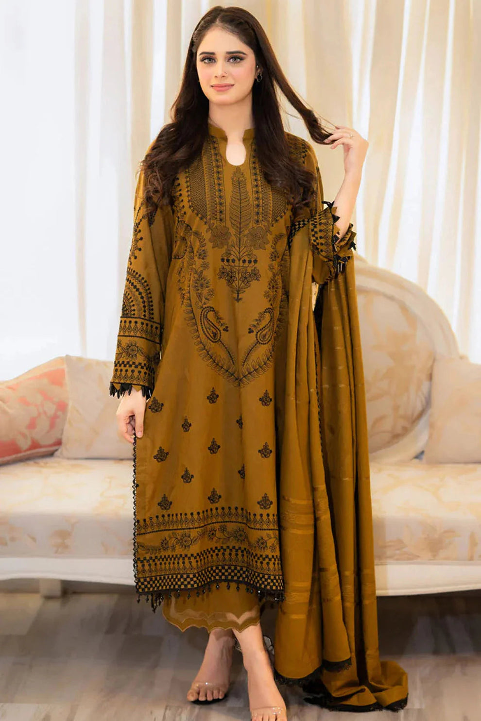 LIBAAS-3PC lawn  EMBROIDERED SHIRT WITH lawn  EMBROIDERED SHAWL & EMB TROUSER