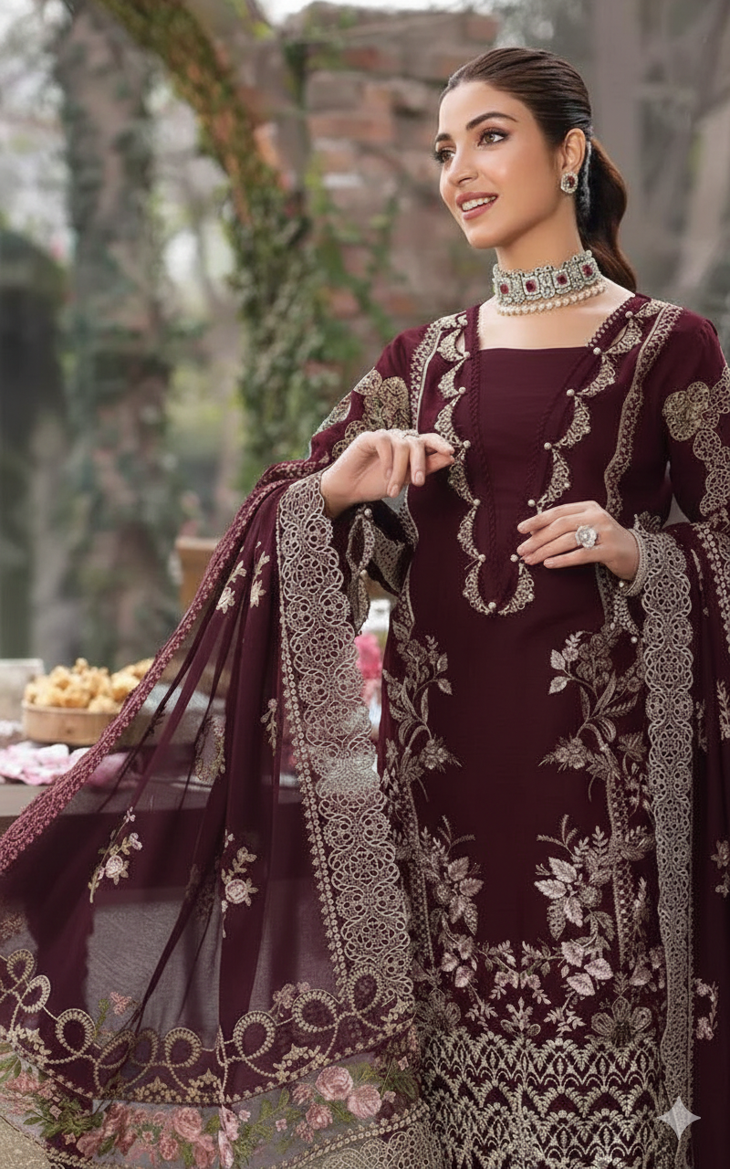 KAHF 3PC UNSTITCHED lawn 90/70  EMBROIDERED WITH EMBROIDERED SHAWL & PLAIN lawn 90/70  TROUSER