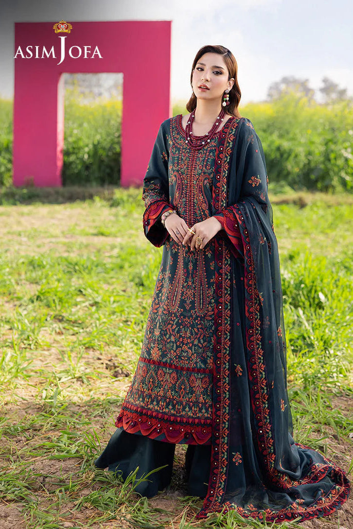 ASIM JOFA-3PC DHANAK EMBROIDERED SHIRT WITH DHANAK EMBROIDERED SHAWL AND TROUSER
