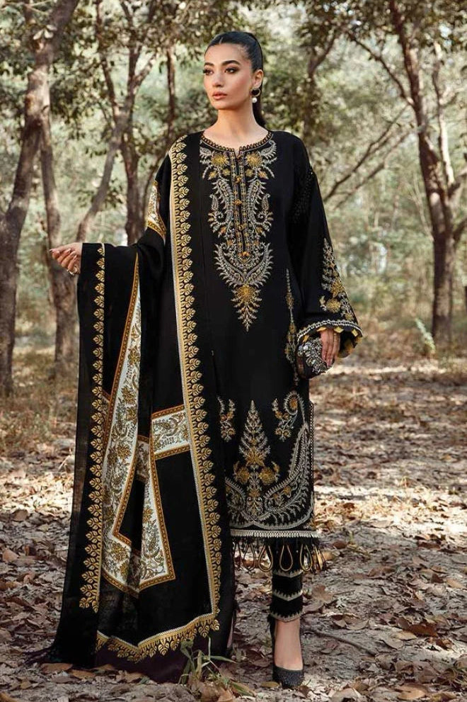 Maria B - 3PC Unstitched Dhanak Embroidered Shirt with Printed Wool Shawl and Trouser