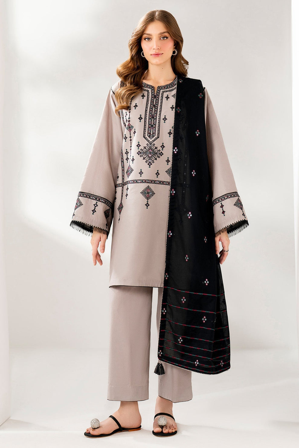 JAZMIN-3PC DHANAK EMBROIDERED SHIRT WITH DHANAK EMB SHAWL AND TROUSER