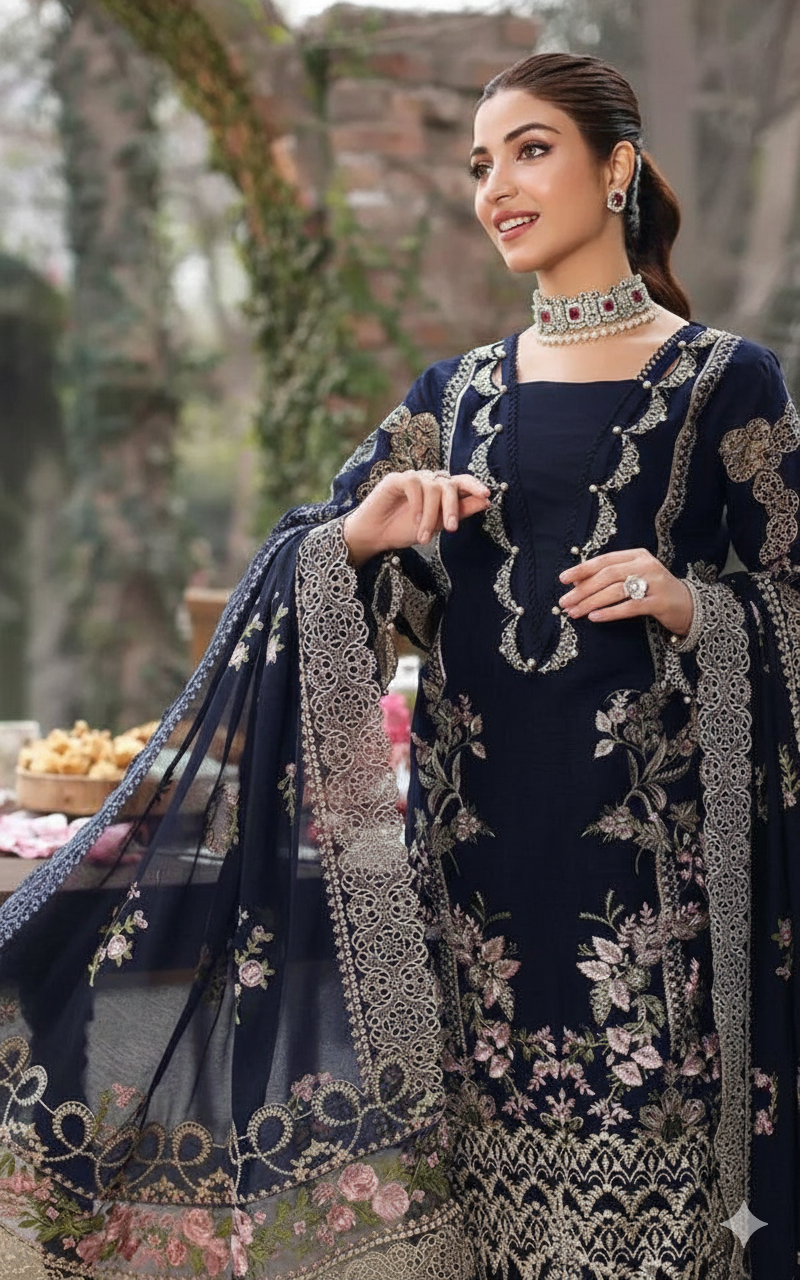 KAHF 3PC UNSTITCHED lawn 90/70  EMBROIDERED WITH EMBROIDERED SHAWL & PLAIN lawn 90/70  TROUSER