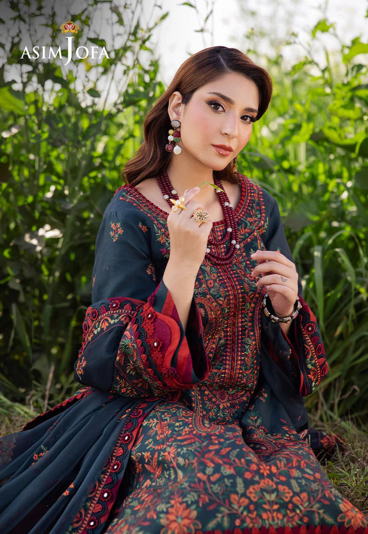 ASIM JOFA-3PC DHANAK EMBROIDERED SHIRT WITH DHANAK EMBROIDERED SHAWL AND TROUSER